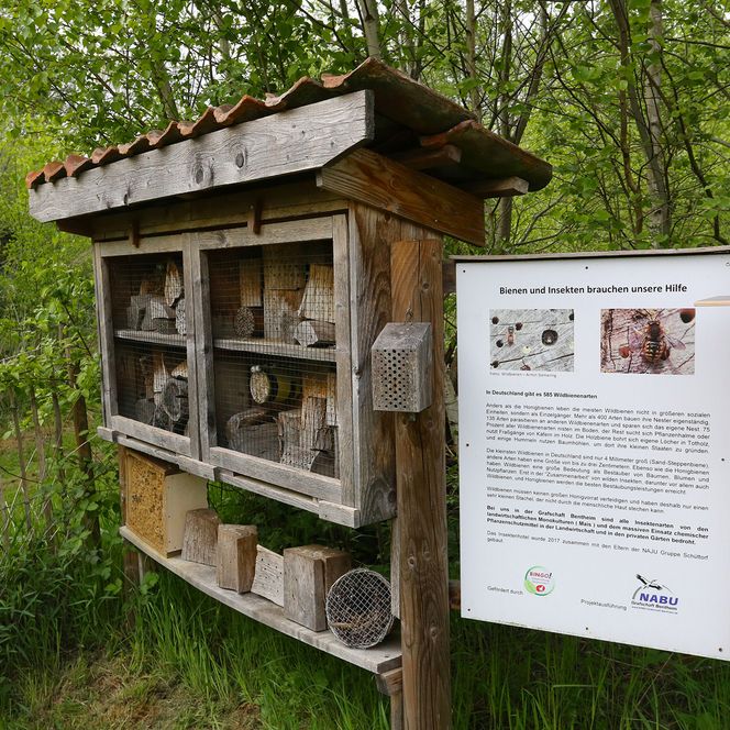 Das Bild zeigt ein Insektenhotel und eine Info-Tafel