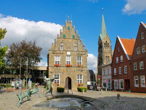 Zu sehen ist der Ziegenbrunnen in Schüttorf, das Rathaus und der Marktplatz.