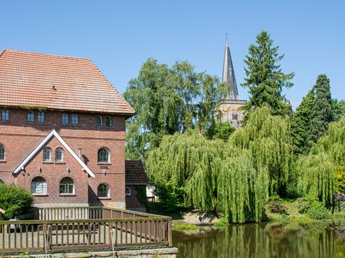 Alte Mühle inmitten blühender grüner Bäume im Sonnenschein.