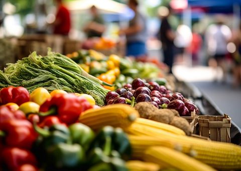 Nahaufnahme von leckerem Gemüse mit dem Markt im Hintergrund