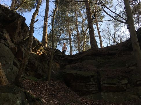 Von unten geht der Blick die Schlucht hinauf, auf Waldboden und Bäume. Ein kleiner Junge hat den Weg hinauf offensichtlich geschafft.